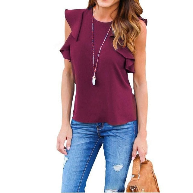 Women Chiffon short sleeve Blouse Fashion Summer Sexy O Neck Sleeveless Ruffle tee Shirts Casual Slim Solid Blusas Tops