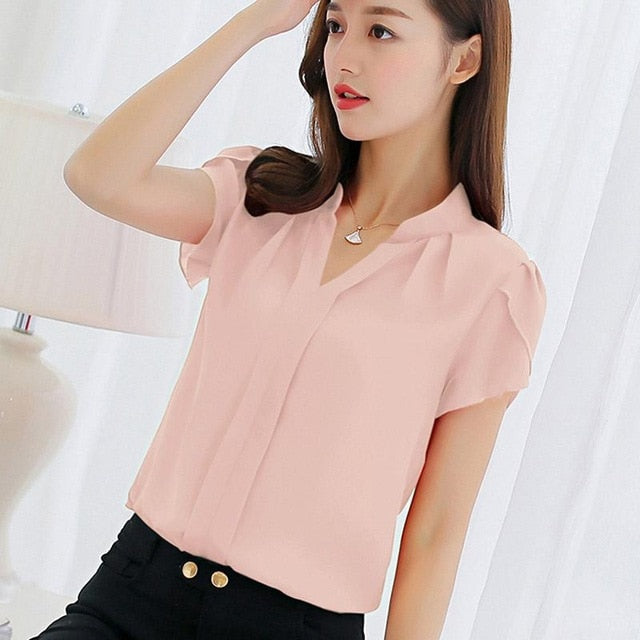 Women Chiffon short sleeve Blouse Fashion Summer Sexy O Neck Sleeveless Ruffle tee Shirts Casual Slim Solid Blusas Tops