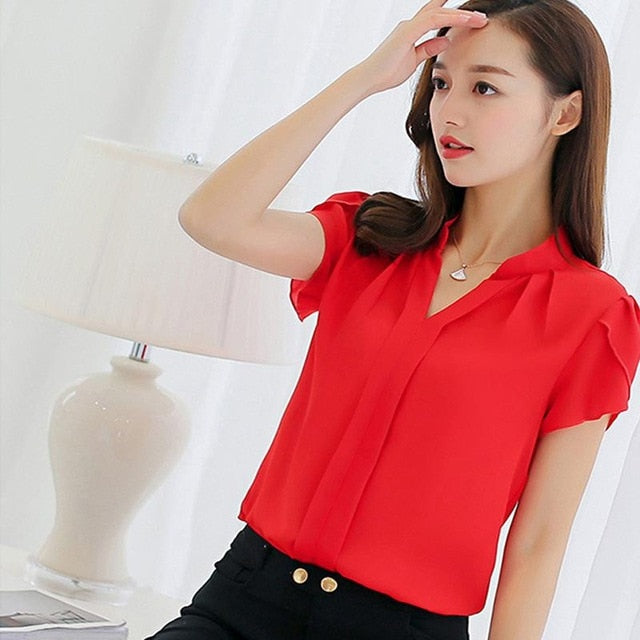 Women Chiffon short sleeve Blouse Fashion Summer Sexy O Neck Sleeveless Ruffle tee Shirts Casual Slim Solid Blusas Tops