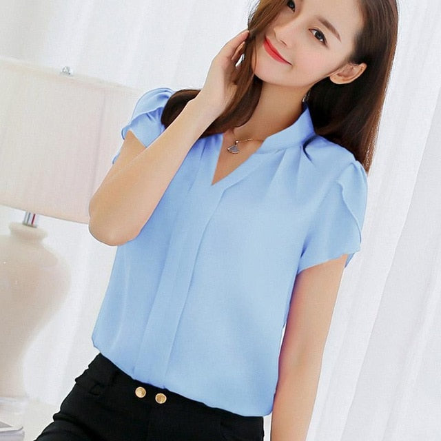 Women Chiffon short sleeve Blouse Fashion Summer Sexy O Neck Sleeveless Ruffle tee Shirts Casual Slim Solid Blusas Tops