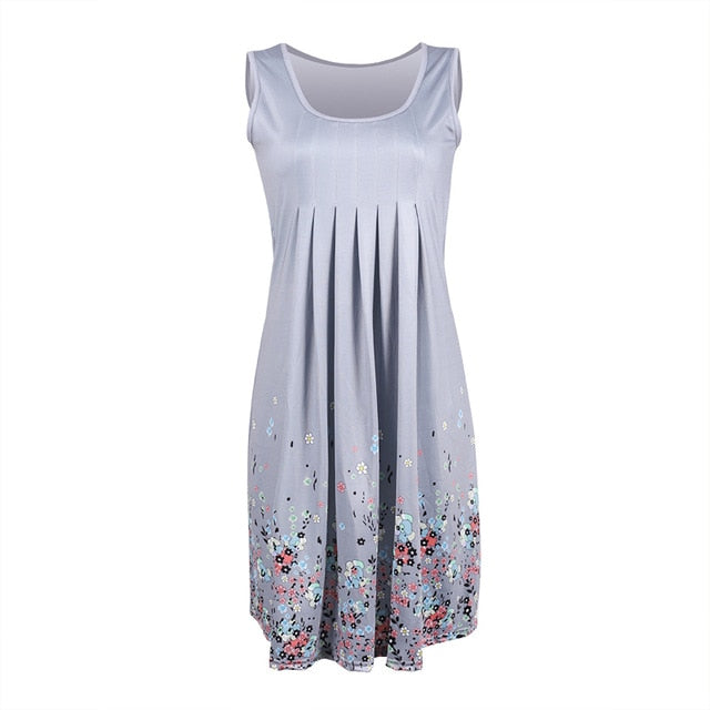 Womens Floral Sundress Knee Length Summer Loose Sleeveless Dresses Floral Print Fashion Beach Dress Summer Womens New PLUS SIZE