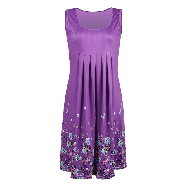 Womens Floral Sundress Knee Length Summer Loose Sleeveless Dresses Floral Print Fashion Beach Dress Summer Womens New PLUS SIZE