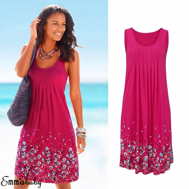 Womens Floral Sundress Knee Length Summer Loose Sleeveless Dresses Floral Print Fashion Beach Dress Summer Womens New PLUS SIZE