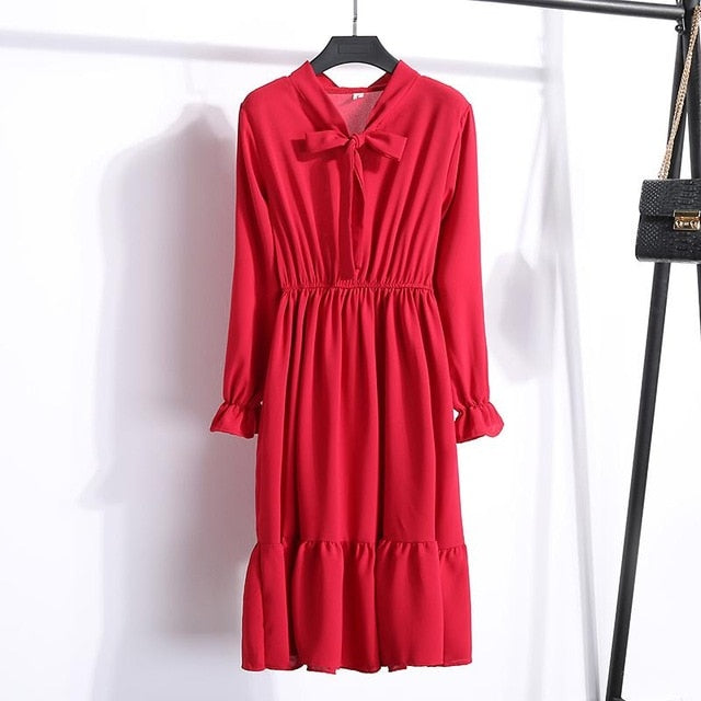 29 Colors Beautiful Fashion Spring Autumn Women Long Sleeve Dress Retro Collar Casual Slim Dresses Floral Printing Chiffon Sexy