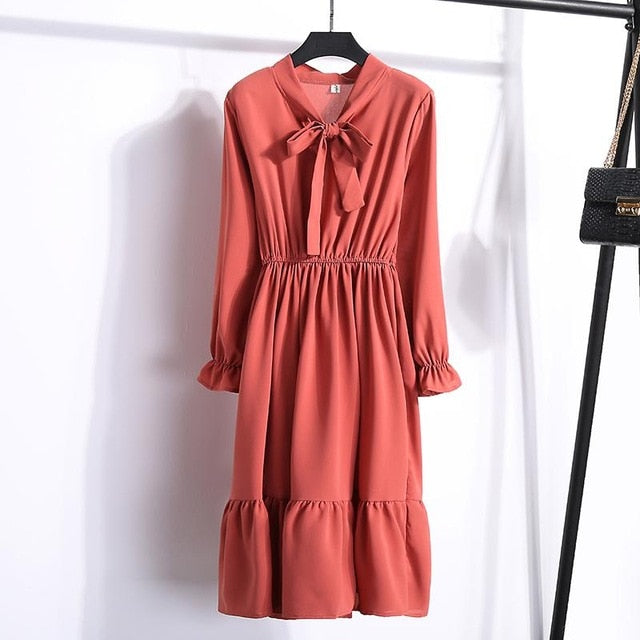 29 Colors Beautiful Fashion Spring Autumn Women Long Sleeve Dress Retro Collar Casual Slim Dresses Floral Printing Chiffon Sexy