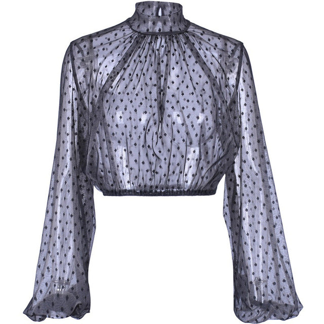 BEFORW Women Sexy Perspective Mesh Shirt Blouses Clothes Fashion Polka Dot Long Sleeve Blouse Crop Top Gothic Shirts Blusas