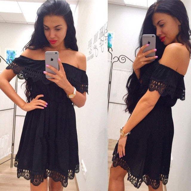 2018 Fashion Women Elegant Vintage sweet lace white Dress Stylish Sexy Slash Neck Casual Slim Beach Summer Sundress vestidos