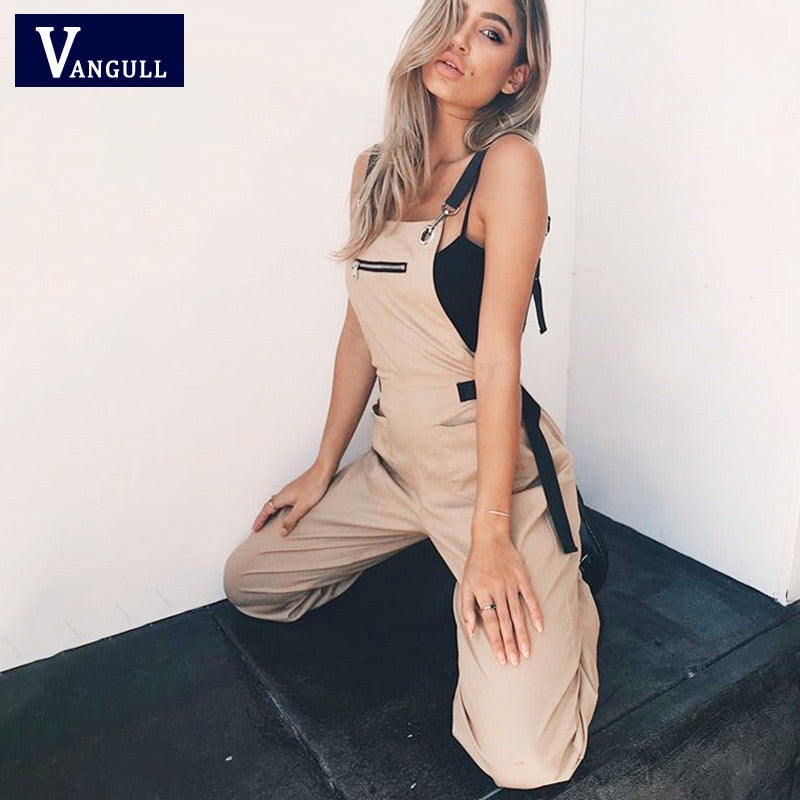 Vangull Khaki Rompers Womens Jumpsuit Long Elegant Zipper Pockets Sleevlesee Adjusted Strap High Waist Cotton Fashion Summer