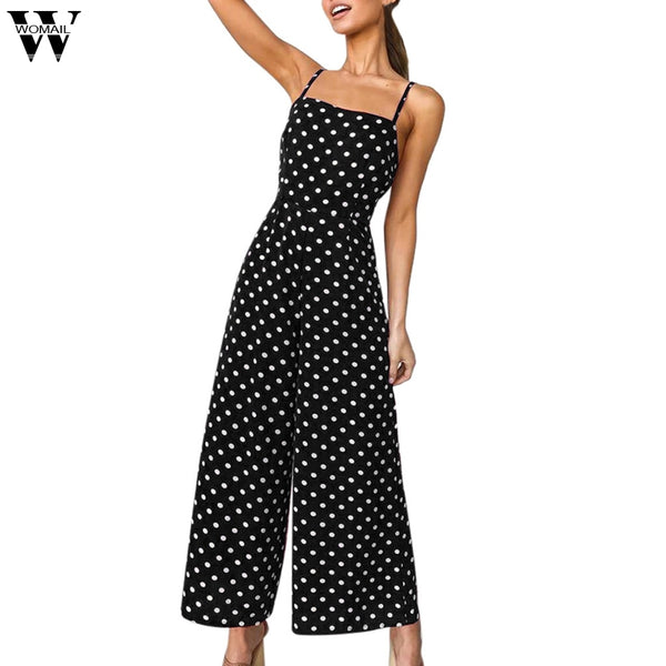 Womail bodysuit Women Summer Fashion Polka Dot Holiday Wide Leg Pants Long Jumpsuit Backless Strappy Playsuit NEW dropship M7