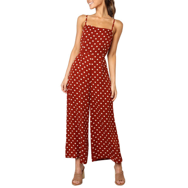 Womail bodysuit Women Summer Fashion Polka Dot Holiday Wide Leg Pants Long Jumpsuit Backless Strappy Playsuit NEW dropship M7