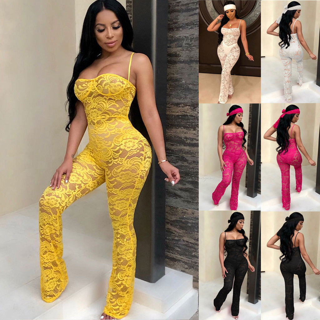 Lace Jumpsuit 2019 New Fashion Rompers Womens Jumpsuits Clubwear Playsuit Hollow Out Party Chiffon Outweaer Clothes