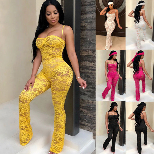 Lace Jumpsuit 2019 New Fashion Rompers Womens Jumpsuits Clubwear Playsuit Hollow Out Party Chiffon Outweaer Clothes