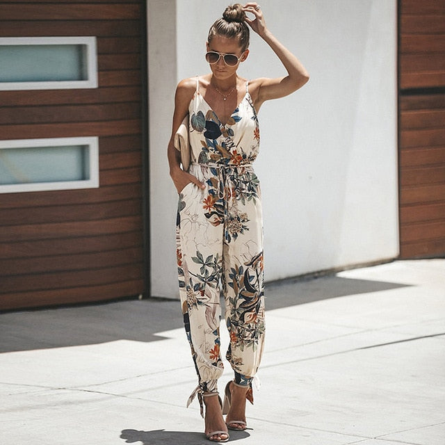 Fashion V Neck Bodysuits Women With Belt Body Femme Bohemian style Floral Playsuit Overalls Print Spring Summer Jumpsuit