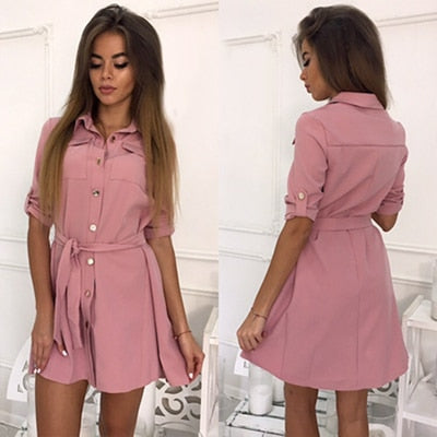 Women Casual Sashes A-Line Office Dress Ladies Half Sleeve Turn Down Collar Elegant Dress 2019 New Fashion Women Mini Dress