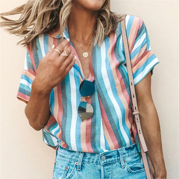 New Vogue Womens Colorized Striped Blouse Fashion Lady Short Sleeve Loose Shirts Tops Female Summer Clothes Shirt 2019