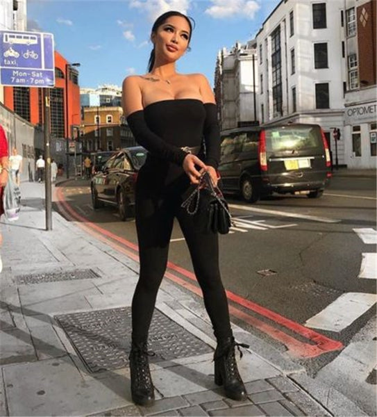 Long Sleeve New Fashion Sexy Jumpsuit Female Off Shoulder Strapless Clubwear Playsuit Bandage High Waist Evening Party Trousers