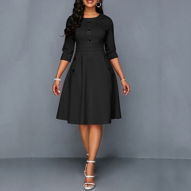 Women Elegant Dress Buttons Round Neck 3/4 Sleeve A-Line Retro Waist Shaping Fashion Knee-Length Dress