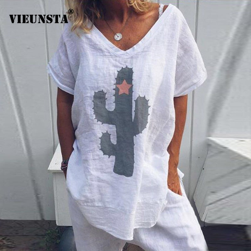 VIEUNSTA Women S-5XL Casual Cactus Print Loose Blouse Shirt Summer V-neck Short Sleeve Blusa New Fashion Womens Blouses And Tops