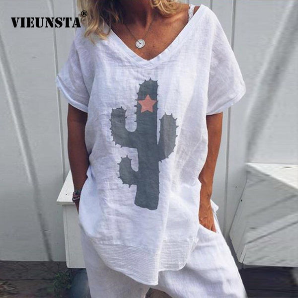VIEUNSTA Women S-5XL Casual Cactus Print Loose Blouse Shirt Summer V-neck Short Sleeve Blusa New Fashion Womens Blouses And Tops