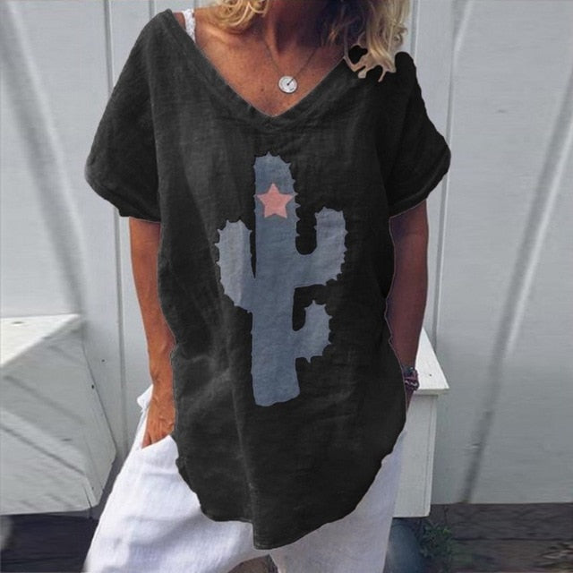 VIEUNSTA Women S-5XL Casual Cactus Print Loose Blouse Shirt Summer V-neck Short Sleeve Blusa New Fashion Womens Blouses And Tops