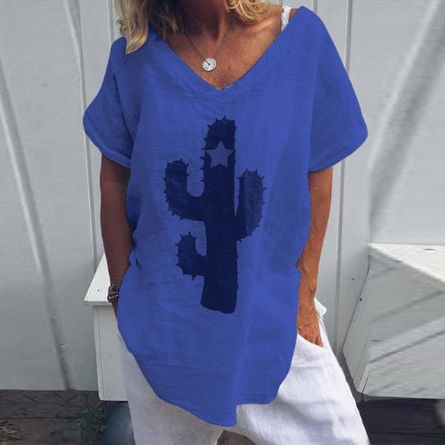 VIEUNSTA Women S-5XL Casual Cactus Print Loose Blouse Shirt Summer V-neck Short Sleeve Blusa New Fashion Womens Blouses And Tops