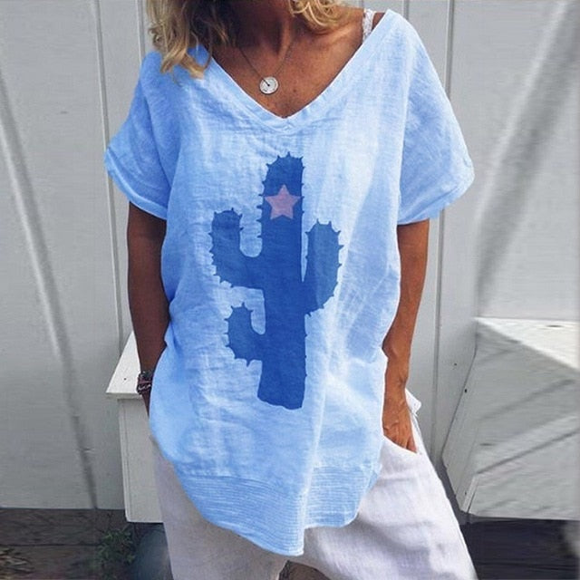 VIEUNSTA Women S-5XL Casual Cactus Print Loose Blouse Shirt Summer V-neck Short Sleeve Blusa New Fashion Womens Blouses And Tops