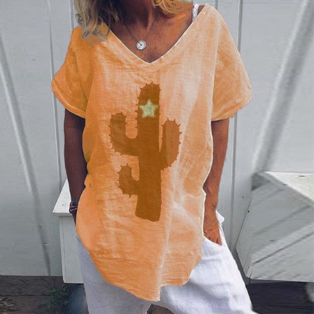 VIEUNSTA Women S-5XL Casual Cactus Print Loose Blouse Shirt Summer V-neck Short Sleeve Blusa New Fashion Womens Blouses And Tops