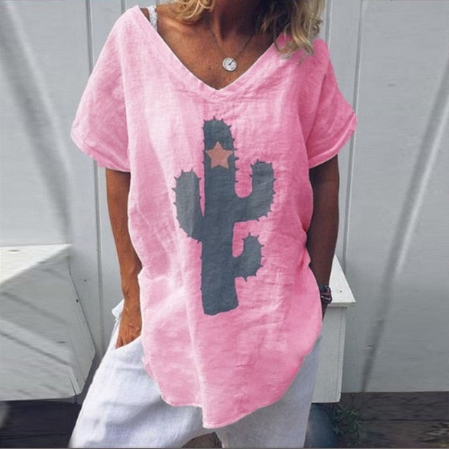 VIEUNSTA Women S-5XL Casual Cactus Print Loose Blouse Shirt Summer V-neck Short Sleeve Blusa New Fashion Womens Blouses And Tops