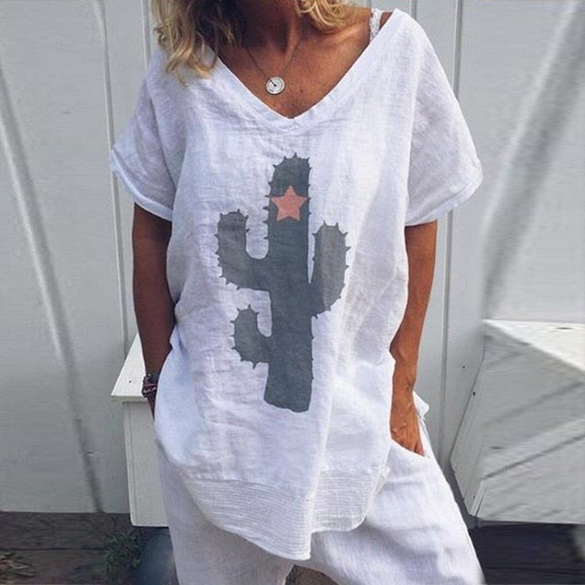 VIEUNSTA Women S-5XL Casual Cactus Print Loose Blouse Shirt Summer V-neck Short Sleeve Blusa New Fashion Womens Blouses And Tops