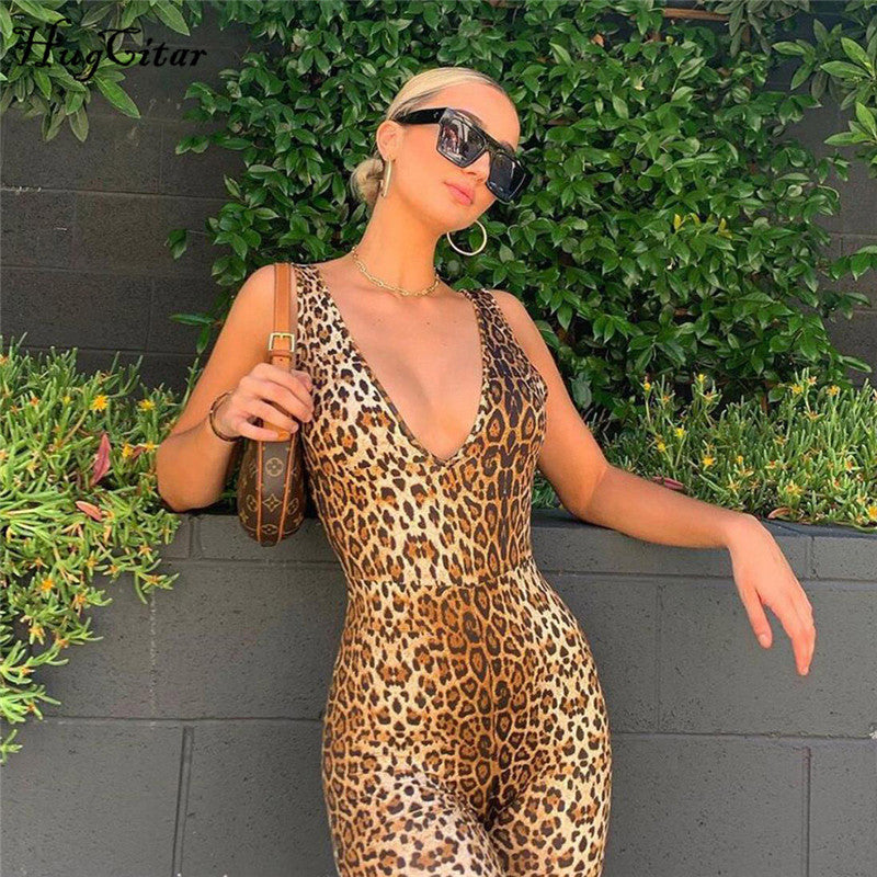 Hugcitar leopard print V-neck sexy playsuit 2019 summer women fashion sleeveless club streetwear bodycon body