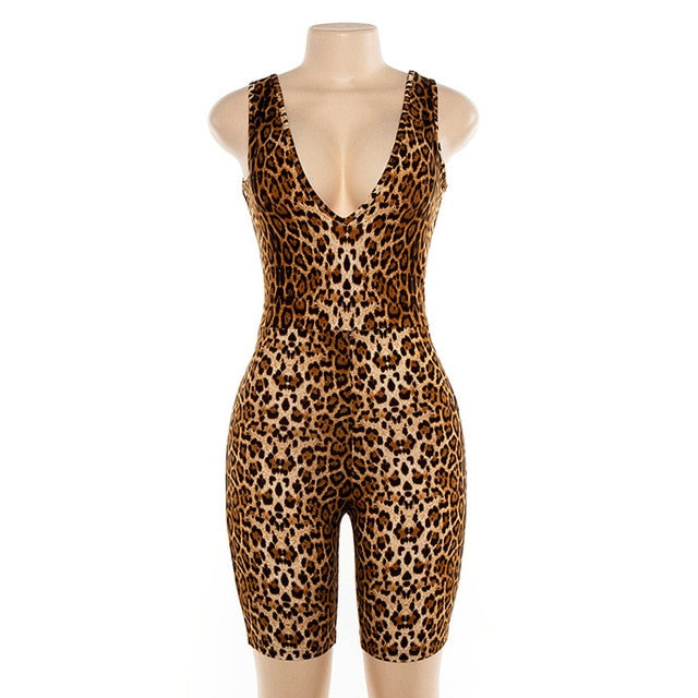 Hugcitar leopard print V-neck sexy playsuit 2019 summer women fashion sleeveless club streetwear bodycon body